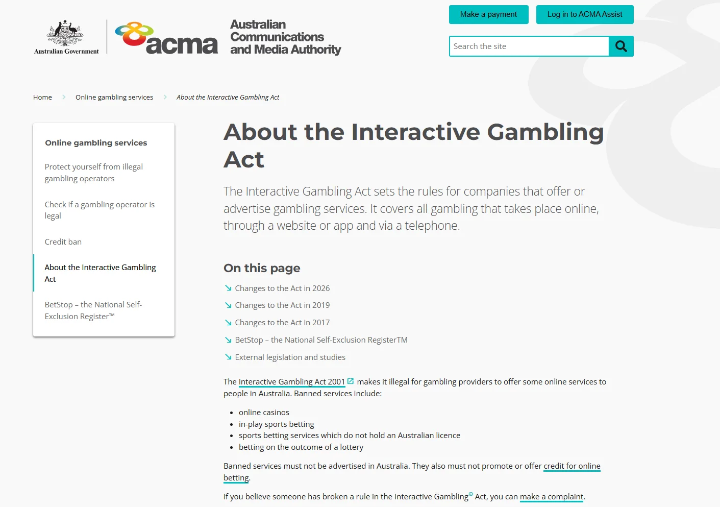 ACMA Interactive Gambling Act guidance showing the Australian online casino service category